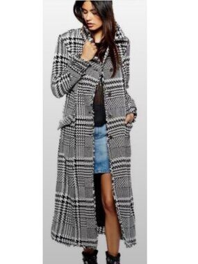 Free People Houndstooth Plaid Fringe Long Coat Small